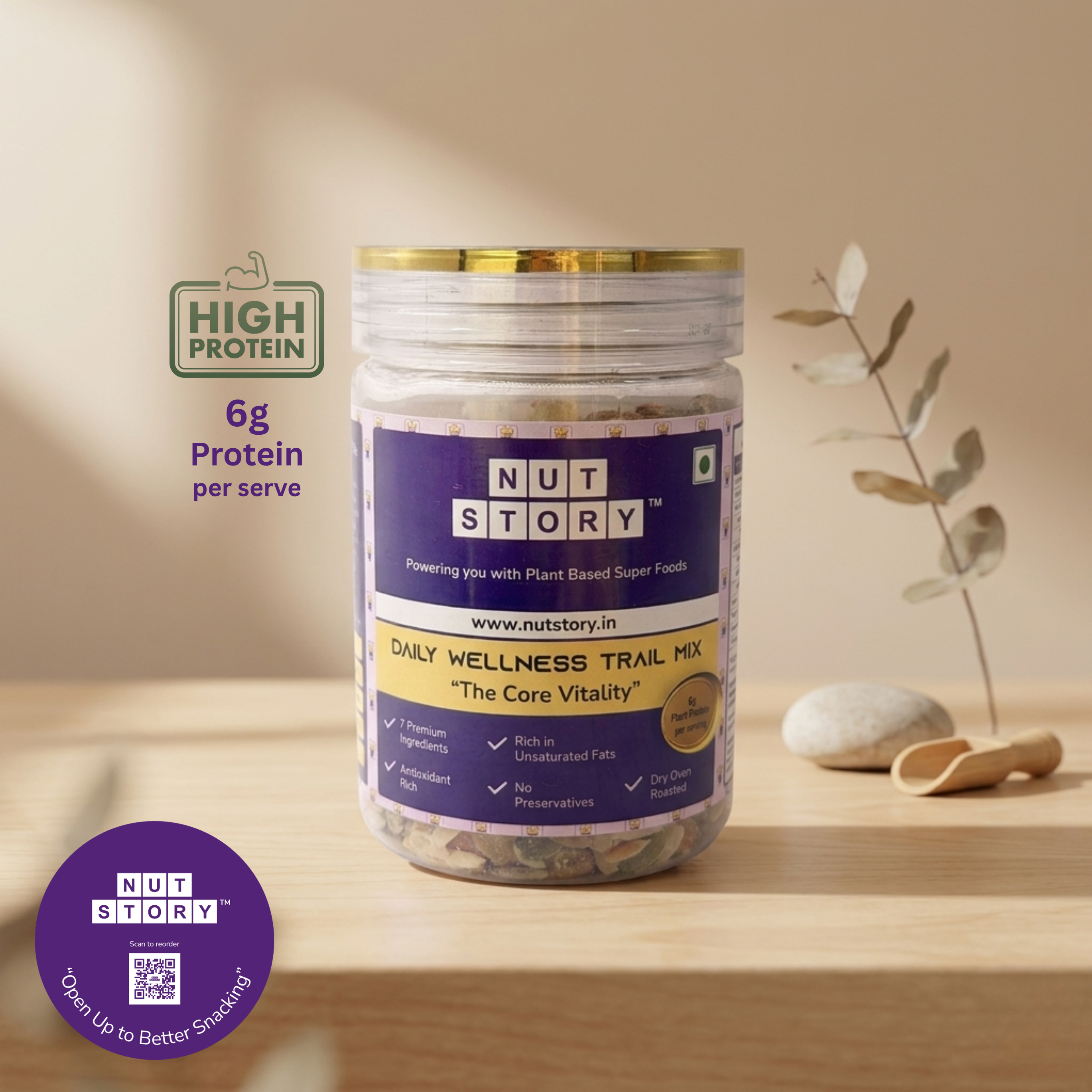 Jar of NutStory Daily Wellness Trail Mix with visible label on a cream background