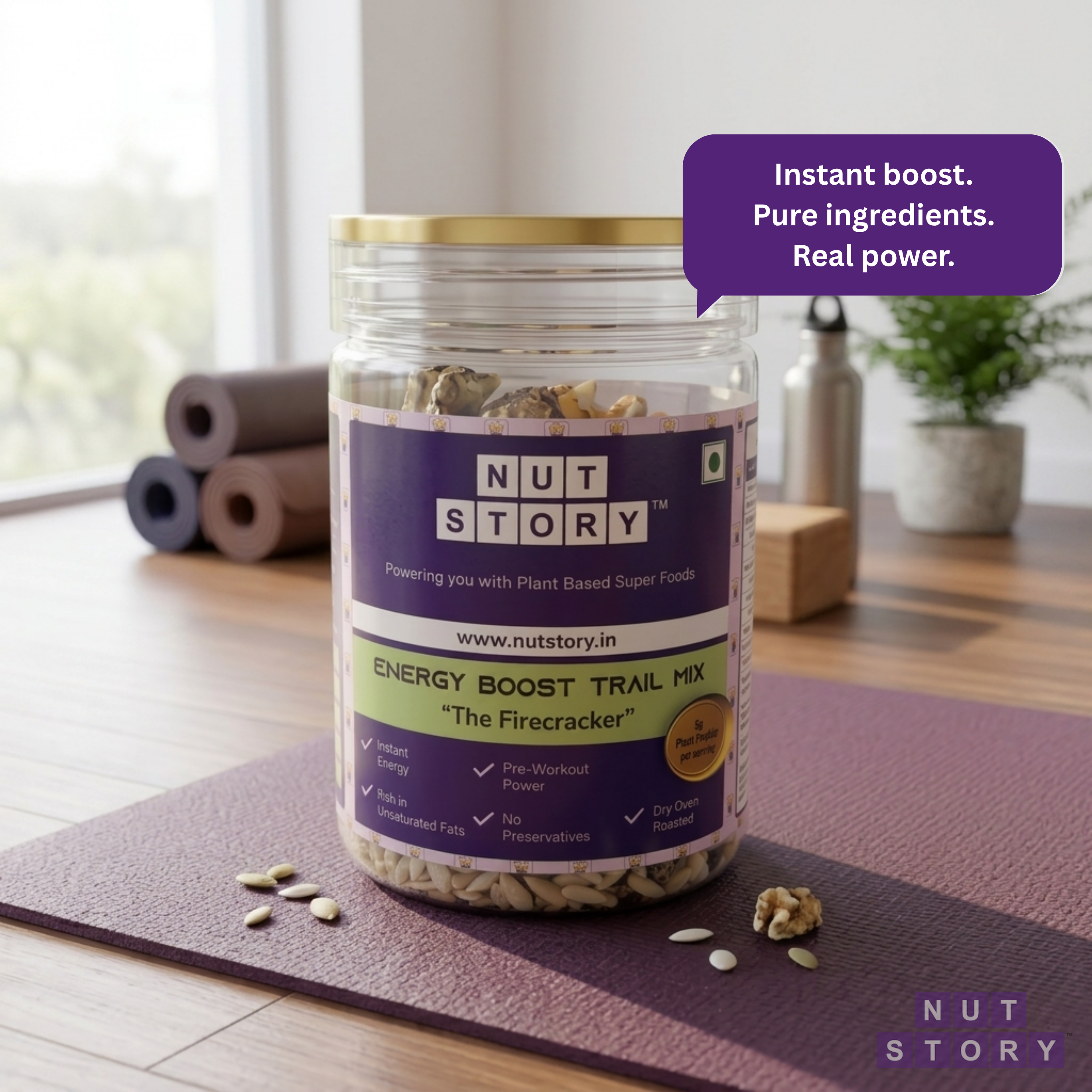 Nut Story energy boost trail mix jar on a yoga mat with a blurred background