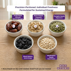 Bowls of various nuts and seeds on a wooden surface with labels indicating their nutritional benefits.