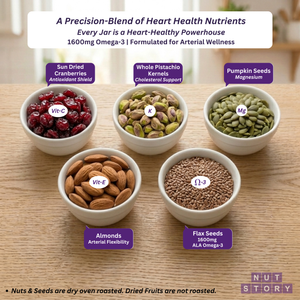 Table with bowls of various nuts and seeds labeled for heart health nutrients on a wooden surface.
