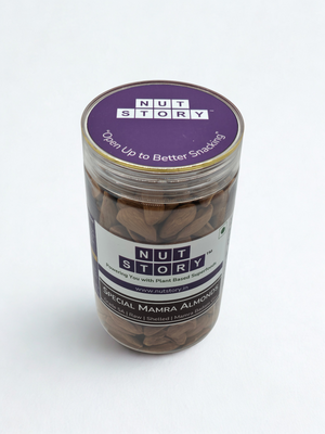 Nut Story Platinum Mamra Almonds — oil-rich Iranian Mamra kernels in sealed jar, side view