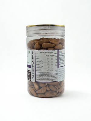 Nut Story Platinum Mamra Almonds 400g jar — lid and label detail view