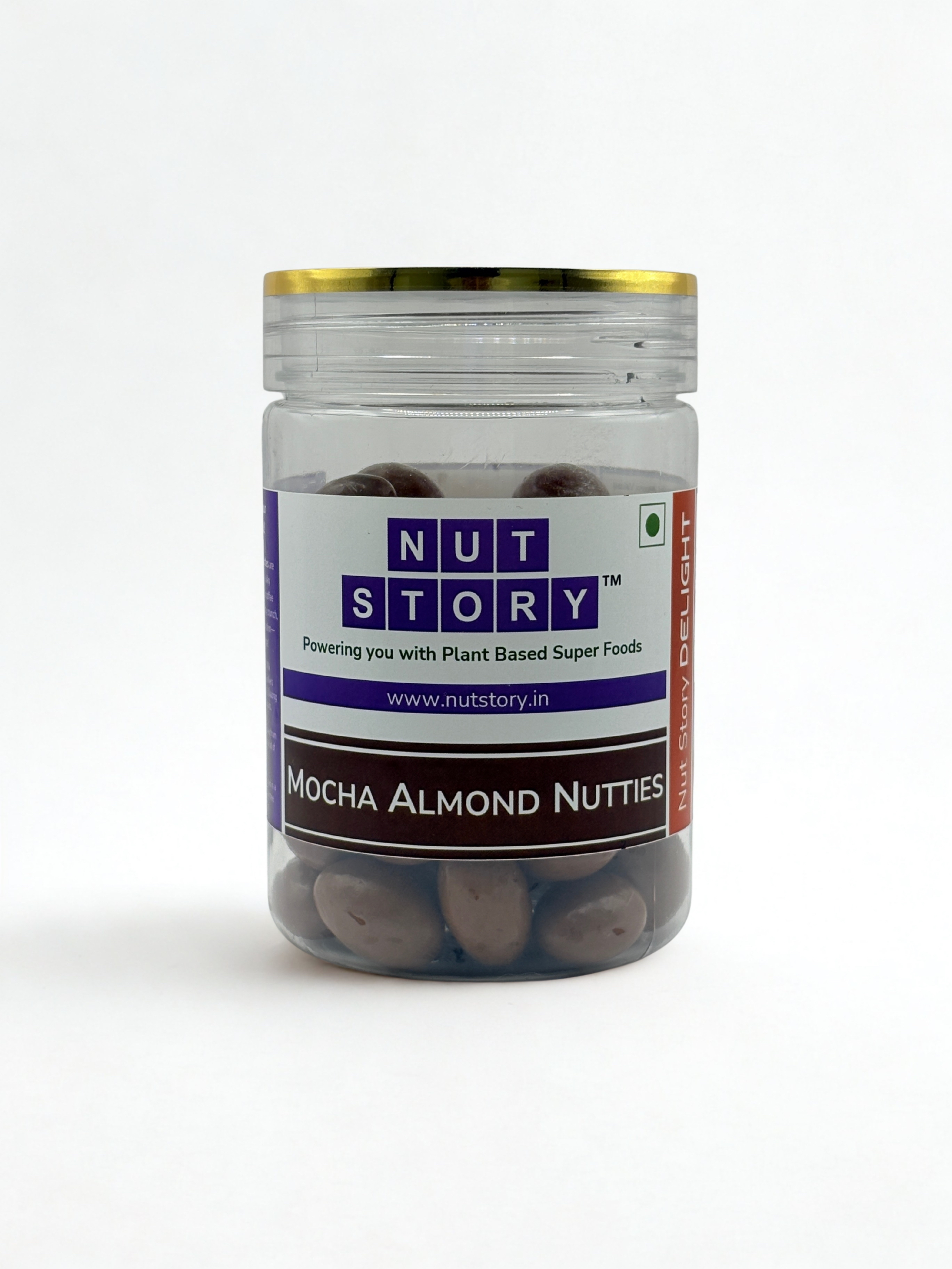 Close-up of Nut Story Mocha Almond Nutties showing silky chocolate coating and roasted almond centre