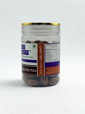 Nut Story Delight Mocha Almond Nutties jar with product details and ingredient highlights on a dark background