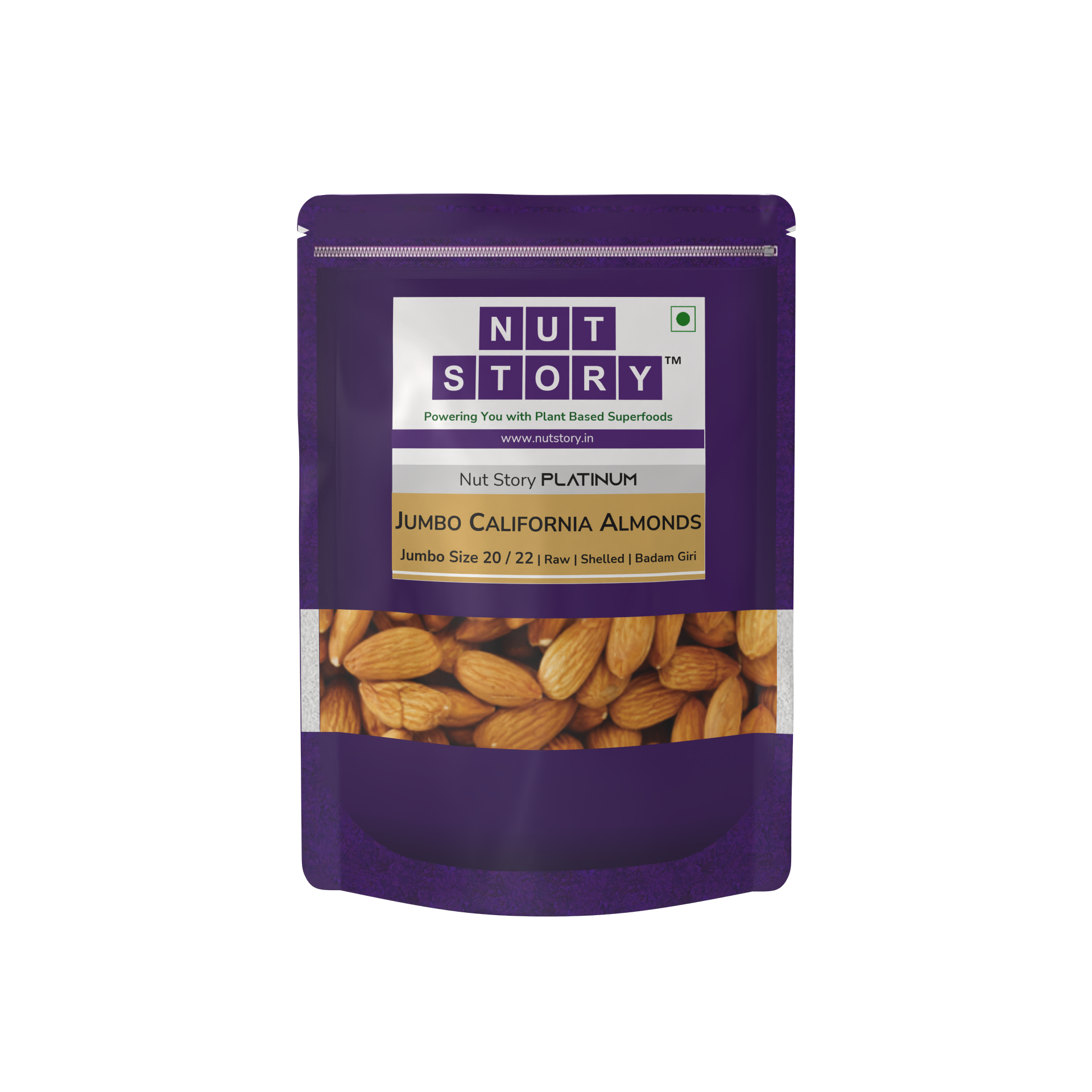 Purple Front of package of Nut Story Jumbo California Almonds 20/22 on a white background