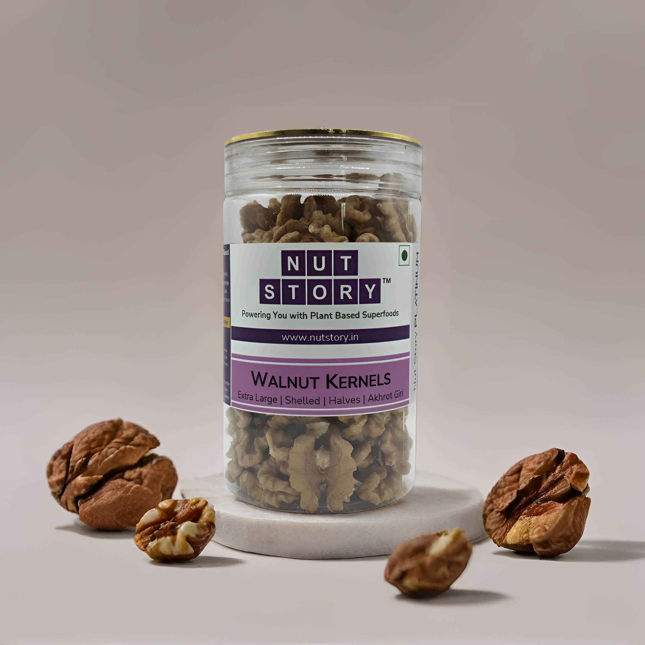Nut Story Platinum Walnut Kernels — Extra-Large Colossal Chilean Halves, front of jar