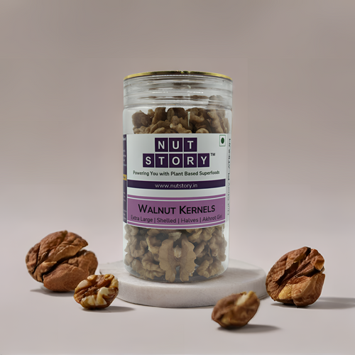 Nut Story Platinum Walnut Kernels — Extra-Large Colossal Chilean Halves, front of jar