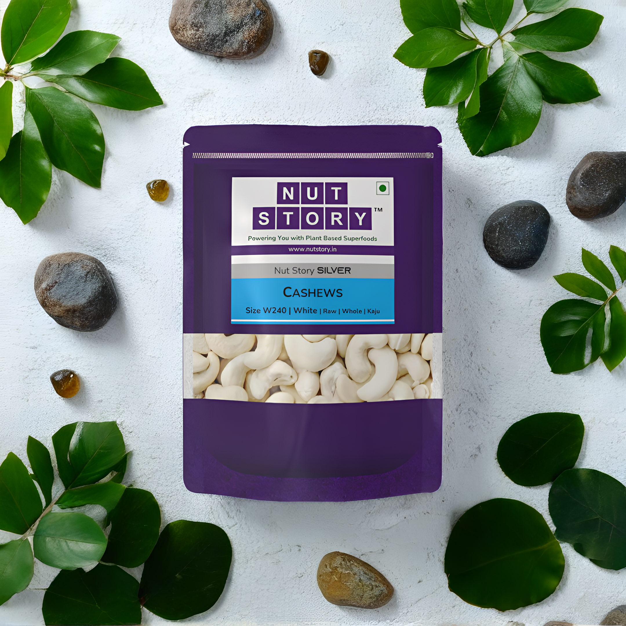Nut Story Silver Cashews W240 — wholesome raw cashew kernels in a zip-sealed pouch
