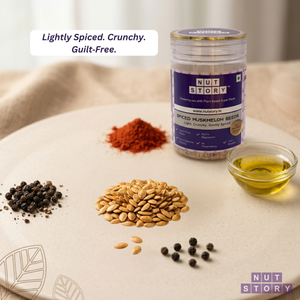 Spiced muskmelon seeds with a jar labelled Nut Story on a neutral background.