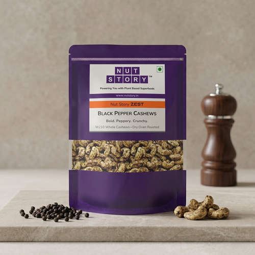 Nut Story Zest Black Pepper Cashews W210 — bold peppery oven-roasted cashews in a zip-sealed pouch