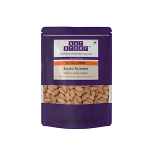 Close-up of Nut Story Zest Salted Almonds showing whole dry roasted kernels with light seasoning