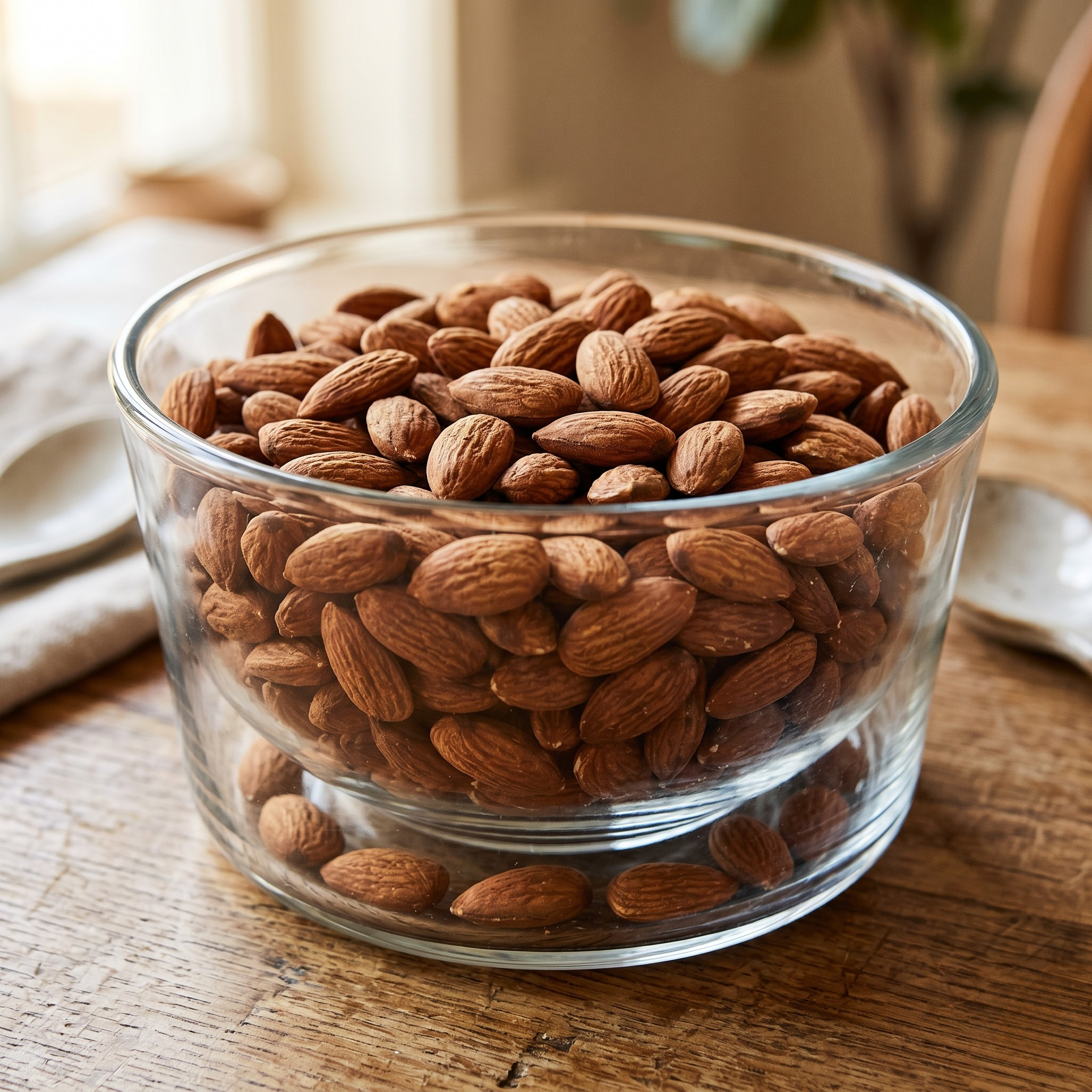 Raw California almond kernels in a glass bowl on a wooden surface.