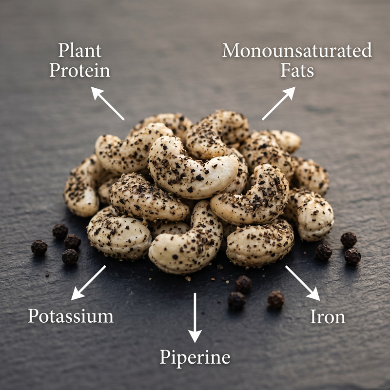Black Pepper Cashews on a dark surface with nutritional labels