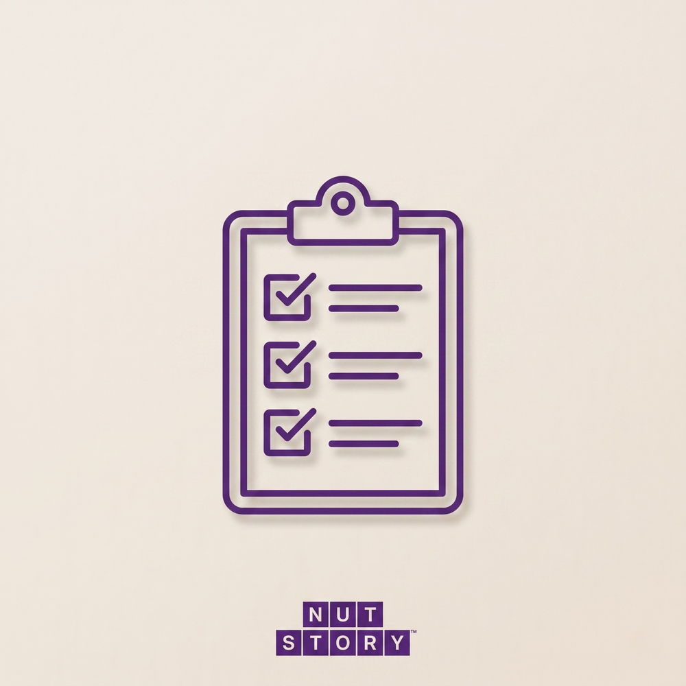 Purple icon of a checklist fixed to a clipboard with checkmarks on a beige background, featuring the 'NUT STORY' logo.