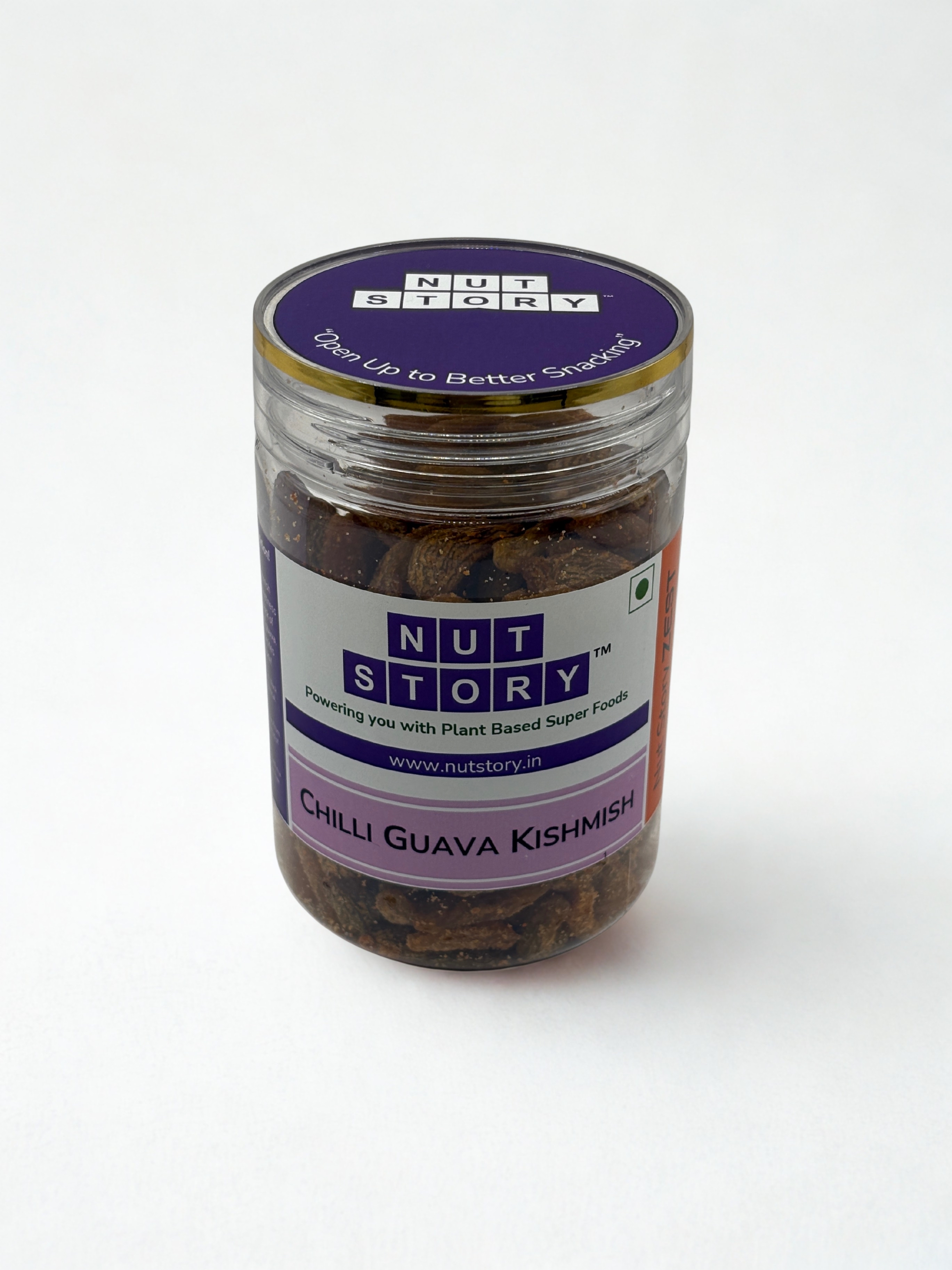Nut Story Zest Chilli Guava Kishmish jar with flavour layers breakdown on a bold orange background