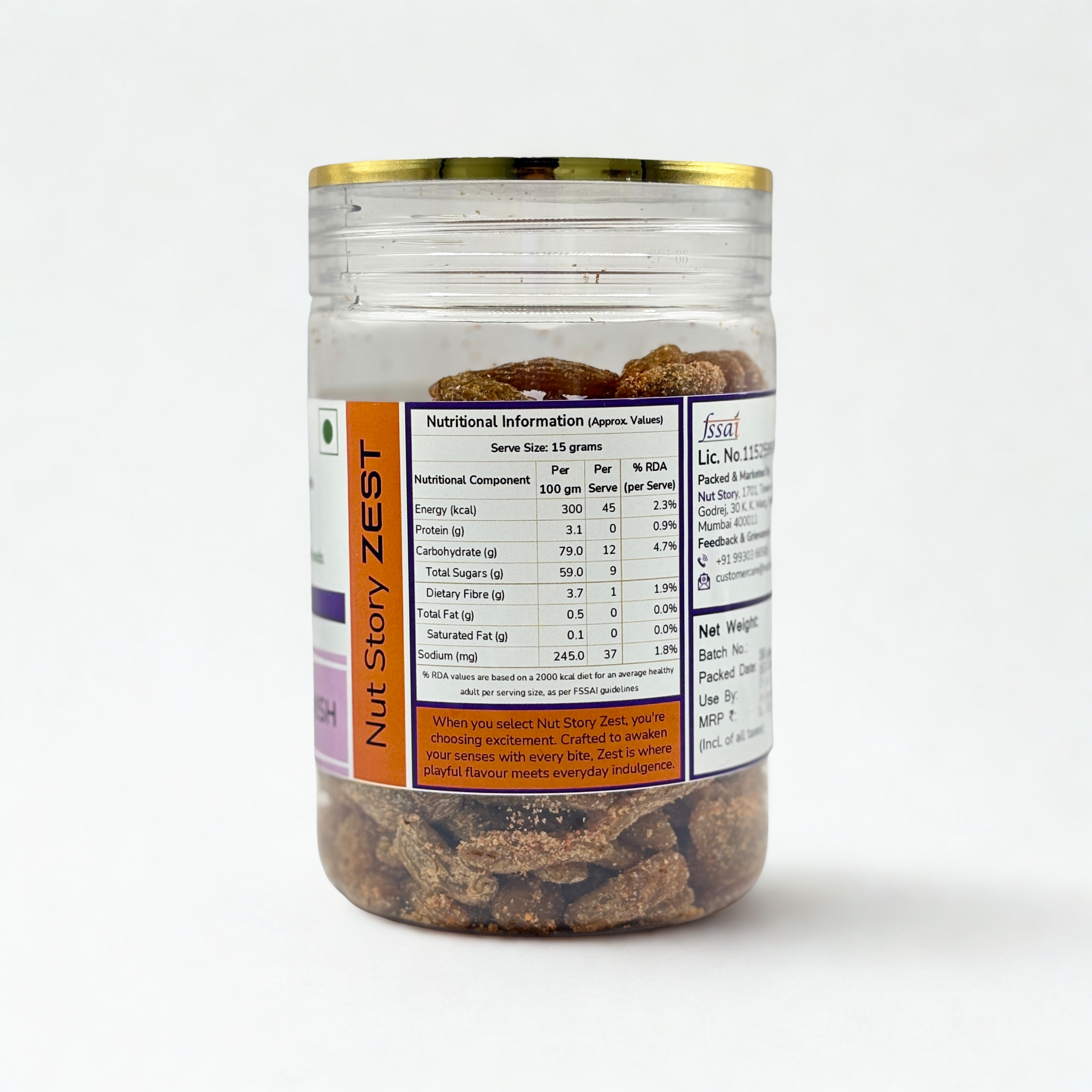 Nut Story Chilli Guava Kishmish jar with product details and ingredient highlights on a clean background