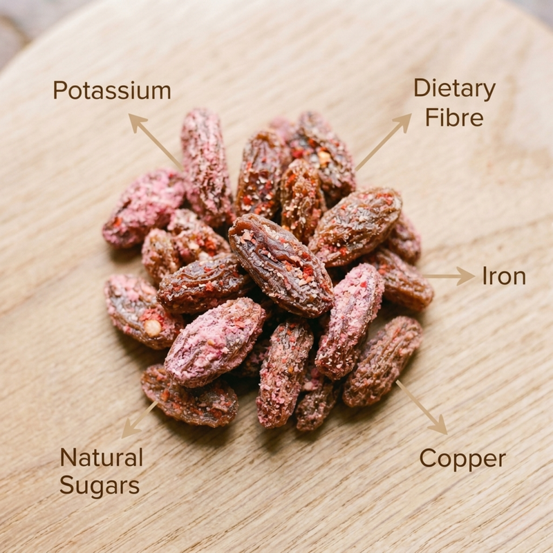 Spiced Raisins on a wooden surface with nutritional information labels.