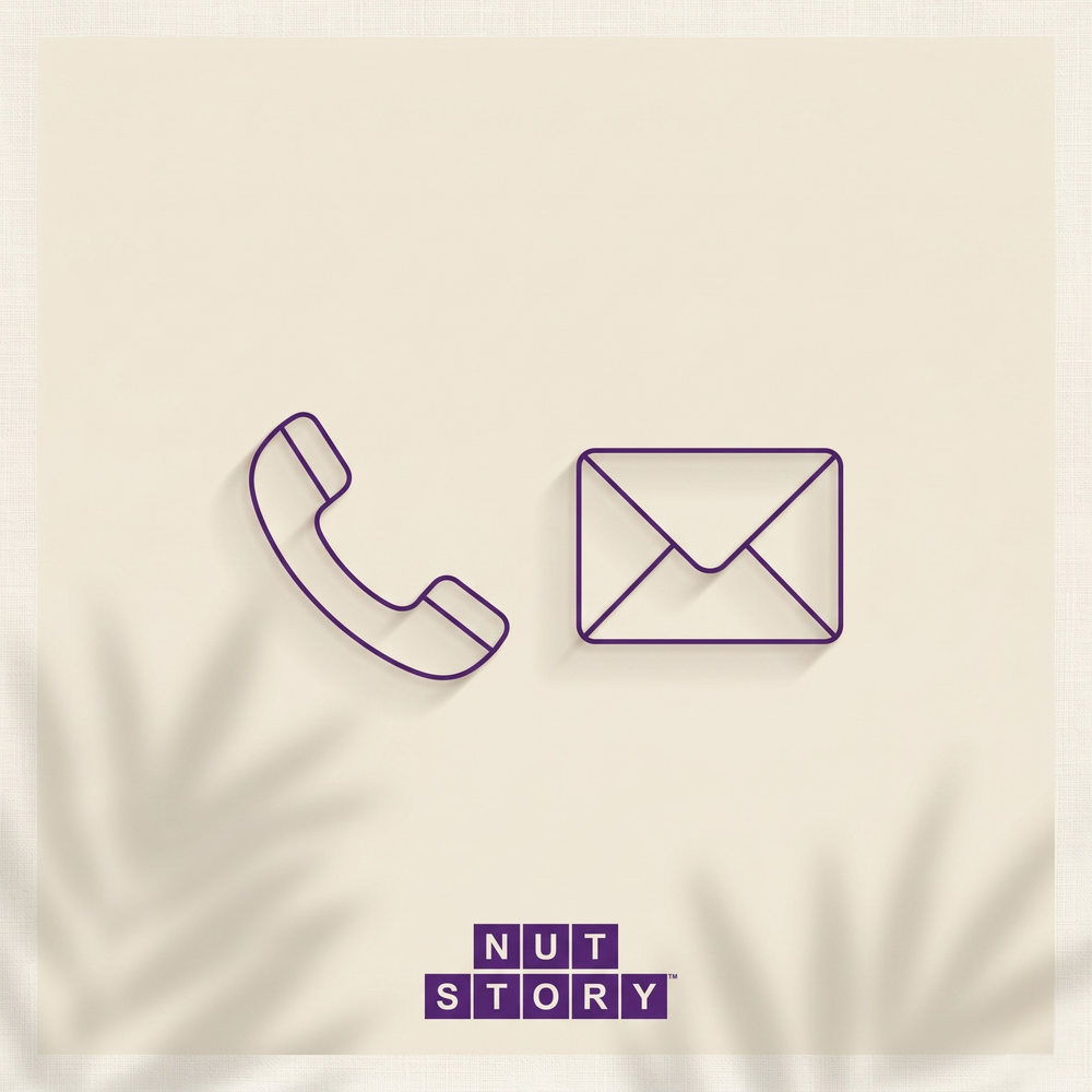 Purple phone and envelope icons on a beige background with 'NUT STORY' logo.