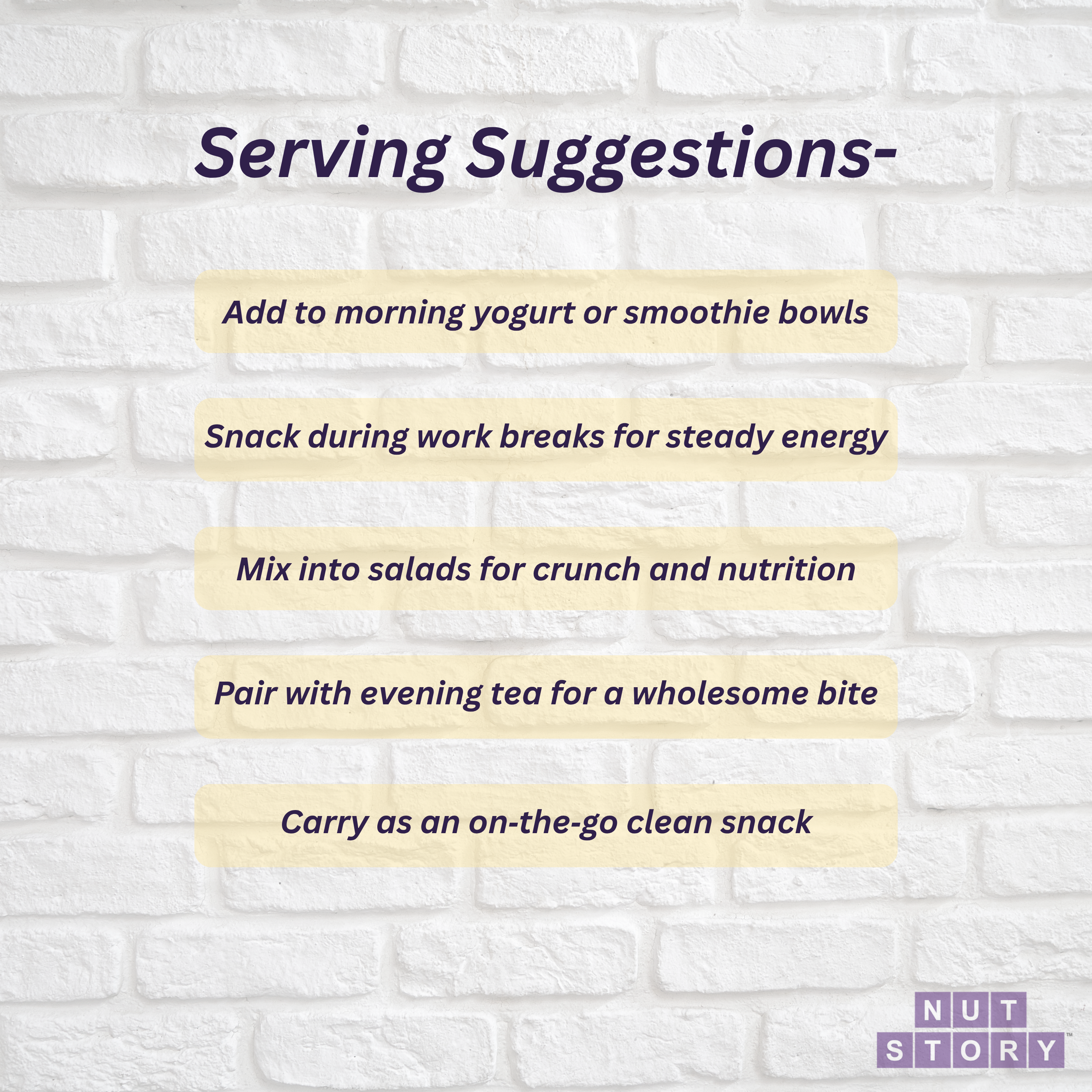 Daily Wellness Trail Mix How To Enjoy Text on a white brick wall with serving suggestions.