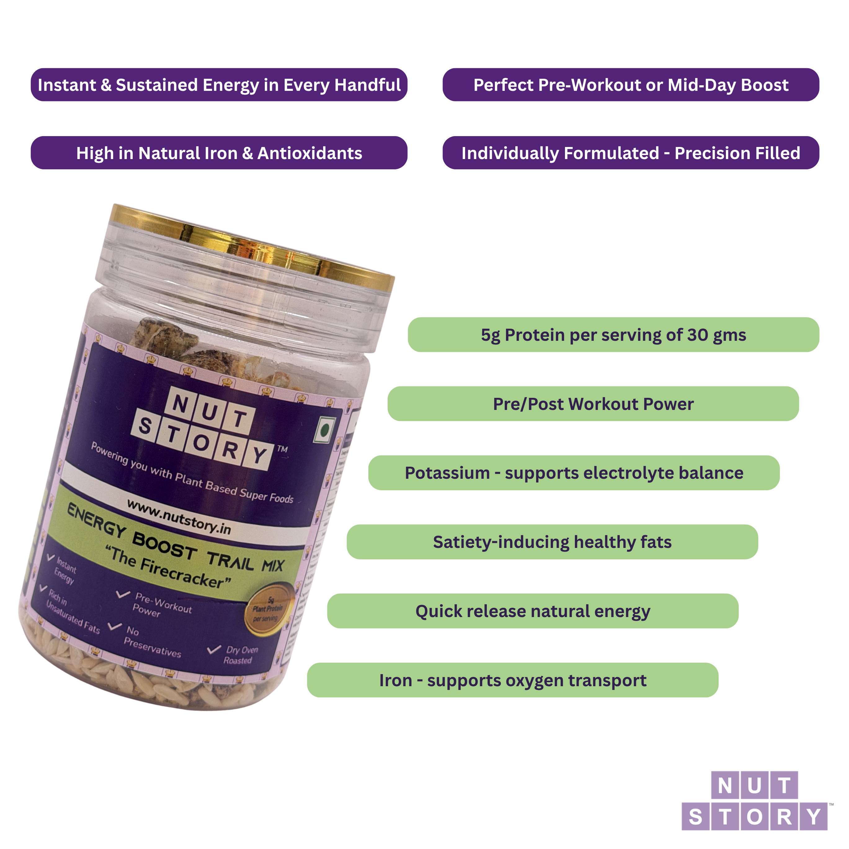Nut Story energy boost trail mix jar with product features listed on a white background