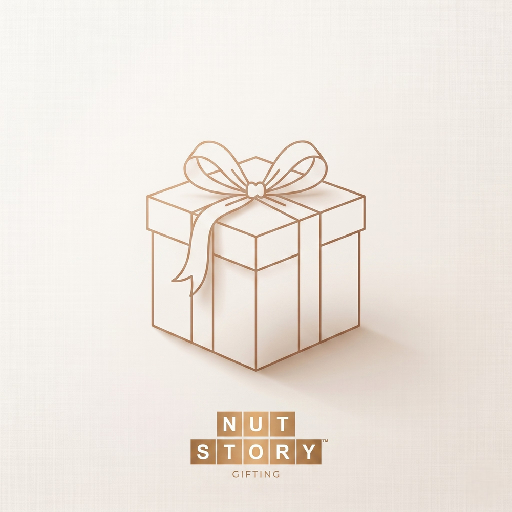 Gift box with a bow on a light beige background, featuring the brand 'NUT STORY'.