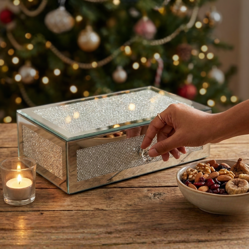 Decorative mirrored box on a table with a festive background and a bowl containing mixed nuts and dried fruits on a wooden table