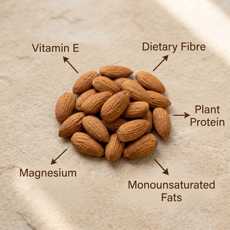 Almonds on a textured surface with nutritional labels