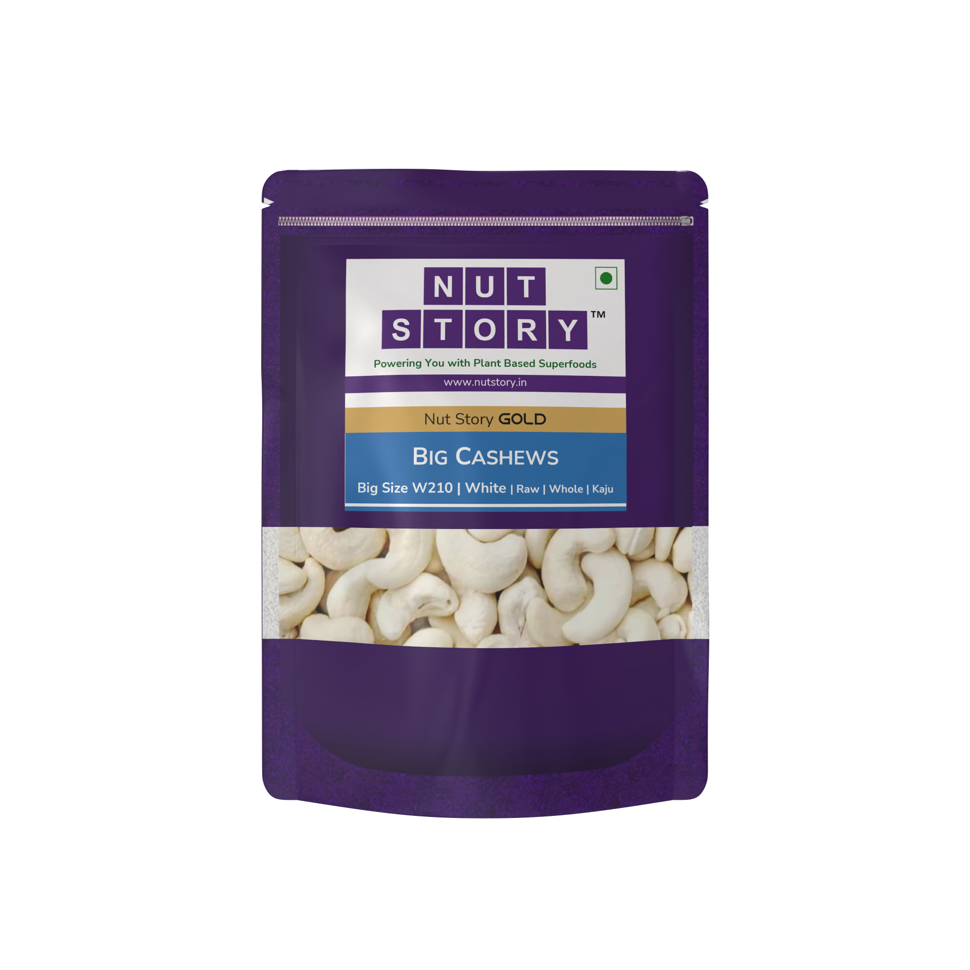 Nut Story Gold Cashews W210 pouch with nutritional highlights on a clean background