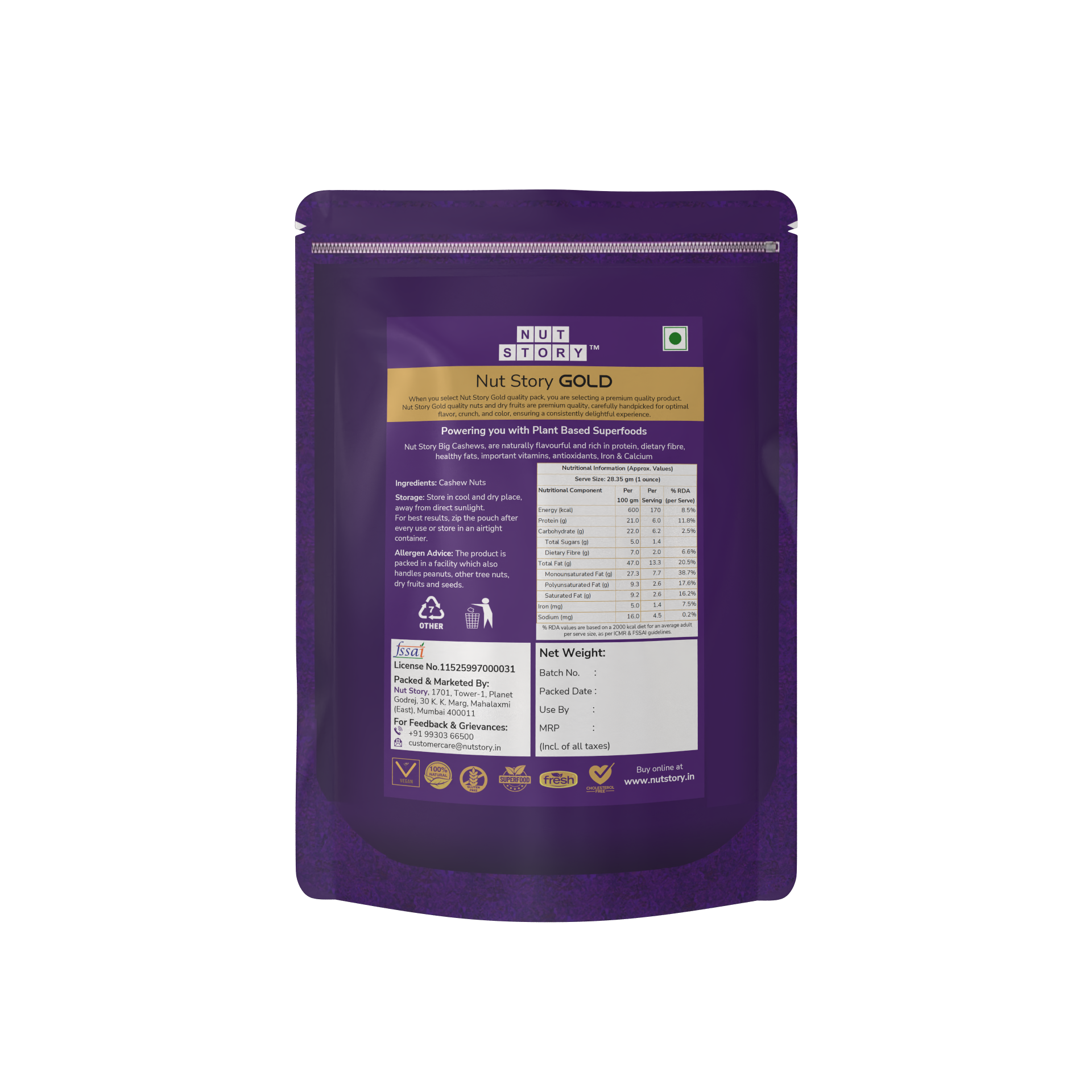 Nut Story Gold Cashews W210 grade information and product features on a white background