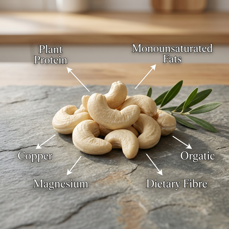 W210 Cashews on a stone surface with nutritional labels
