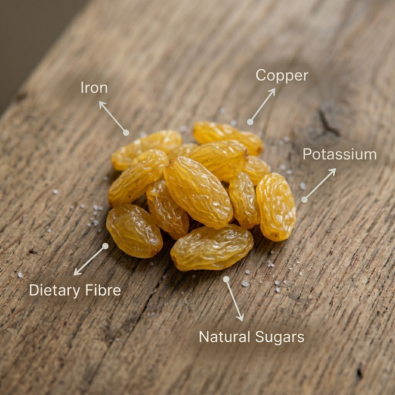 Golden Raisins on a wooden surface with nutritional information labels.