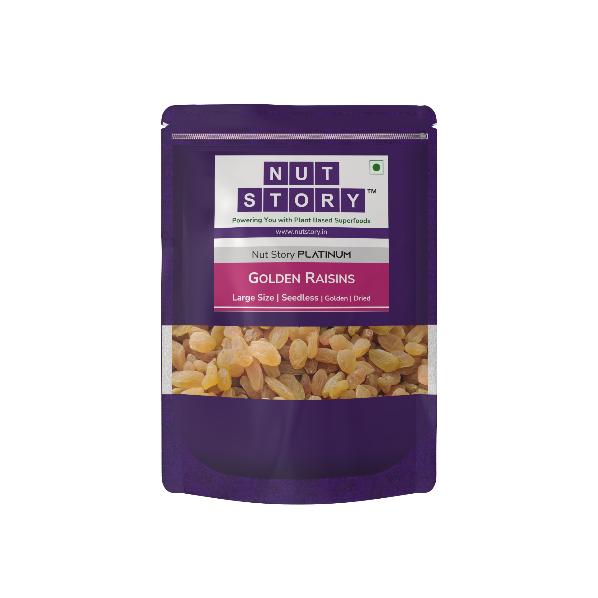 Nut Story Platinum Golden Raisins pouch — back of pack with nutritional label