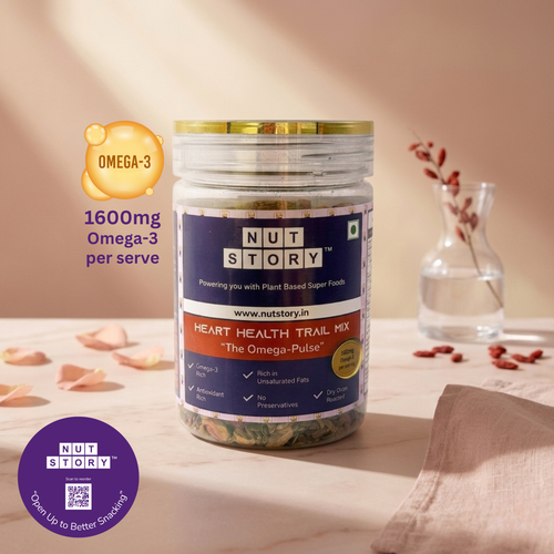 Nut Story heart health trail mix jar with visible Omega-3 label on a soft background