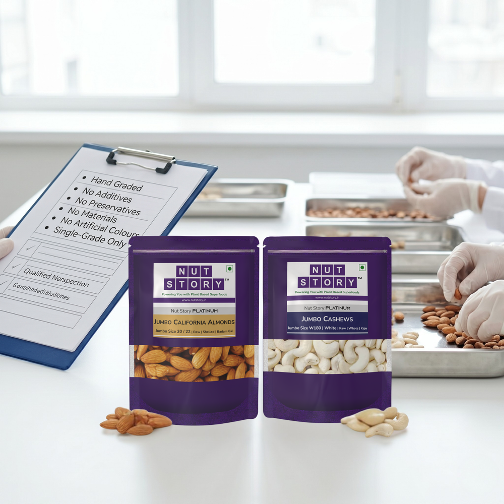 Two packages of Nut Story Platinum Almonds and Platinum Jumbo Cashews on a table with a clipboard and hands in gloves in the background.