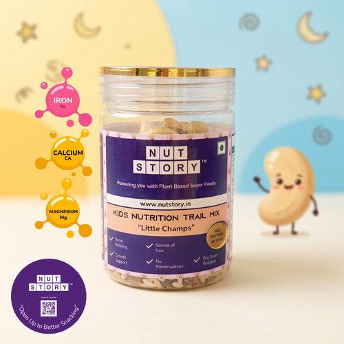 Nut Story Kids Nutrition Trail Mix jar with cartoon cashew character and nutritional benefits on a colorful background