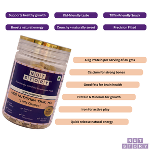 Nut Story kids nutrition trail mix jar with health benefits listed on a white background
