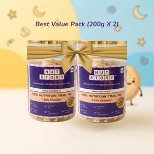 Two jars of Nut Story Kids Nutrition Trail Mix with a gold bow on a colorful background
