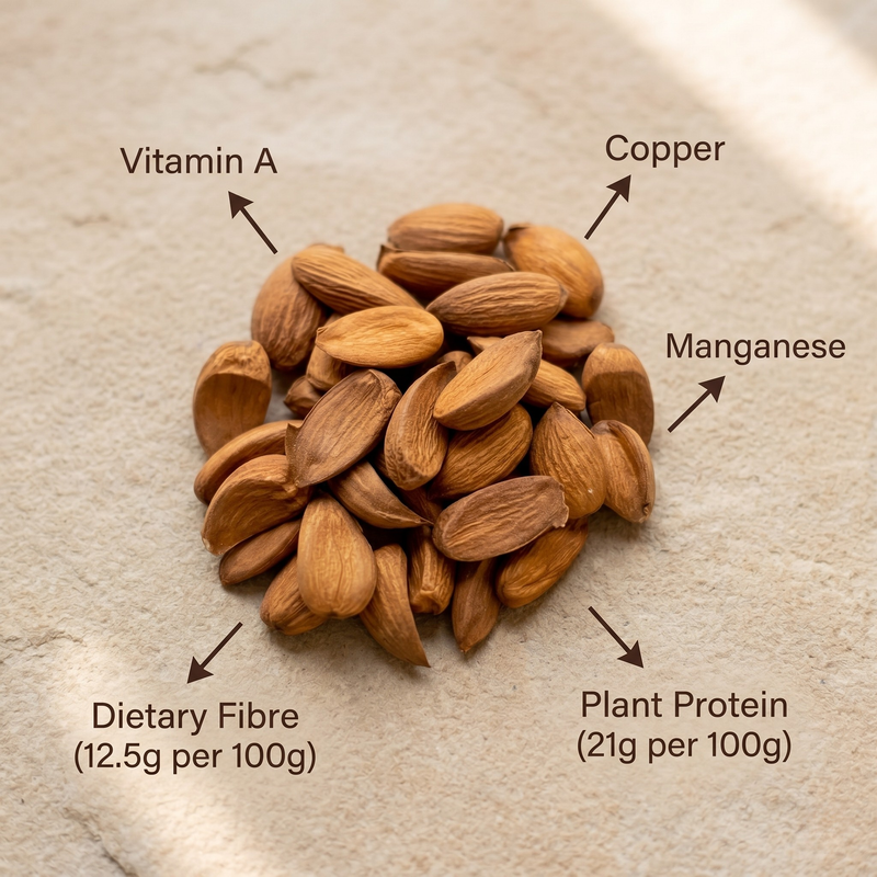 Mamra Almonds on a textured surface with nutritional information labels.