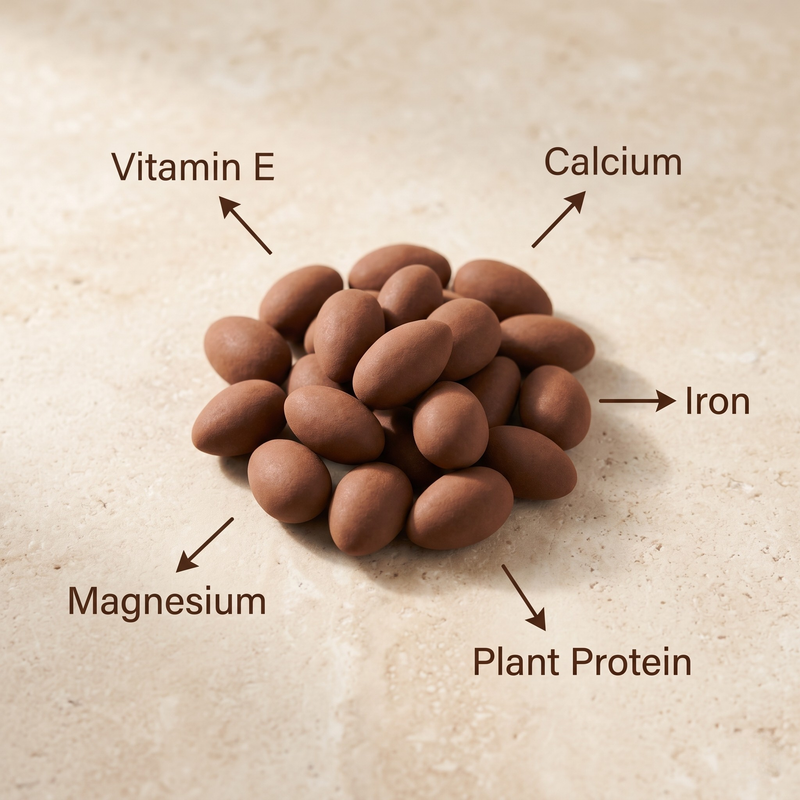 Brown almond nutties on a beige background with labeled nutritional benefits