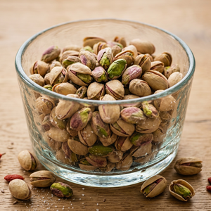 Nut Story Platinum Jumbo Pistachios roasted and salted — whole kernels in a glass bowl