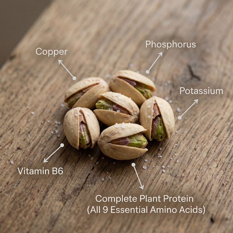Bloomed Pistachios on a wooden surface with nutritional information labeled.