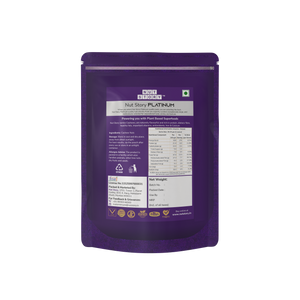 Purple pouch of Nut Story Platinum Jumbo Cashews back of pack on a white background