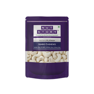 Purple pouch of Nut Story Platinum Jumbo Cashews front of pack on a white background