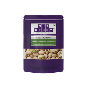 Purple packaging of Nut Story Jumbo California Pistachios on a white background