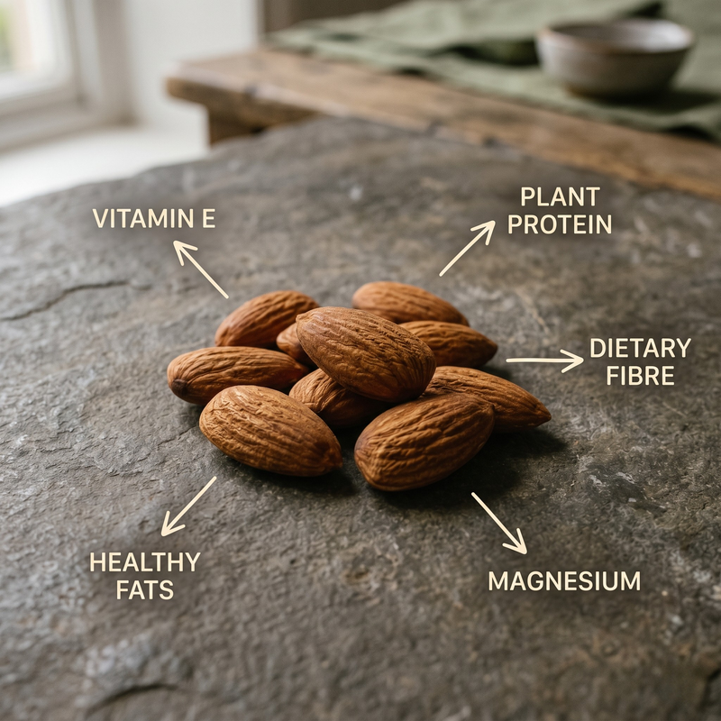 Almonds on a stone surface with nutritional labels