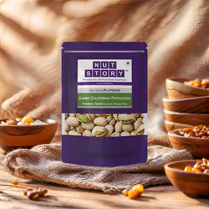 Purple package of Nut Story Jumbo California Pistachios on a wooden surface with bowls of nuts.