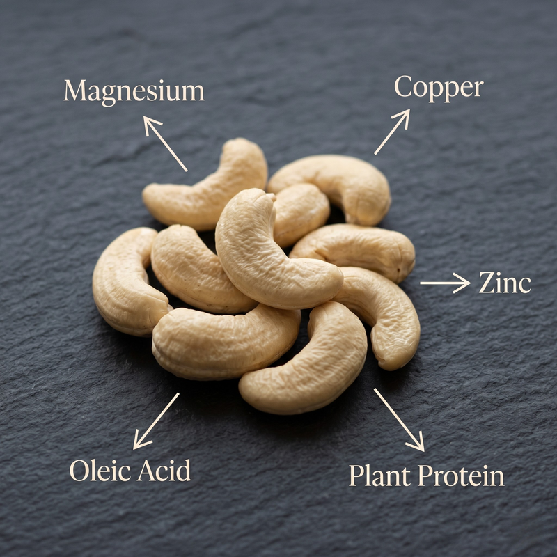 Cashews on a dark surface with nutritional labels