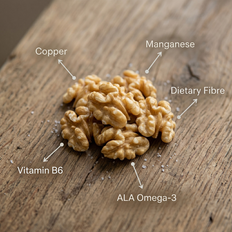 Light Golden Walnuts on a wooden surface with nutritional information labels.