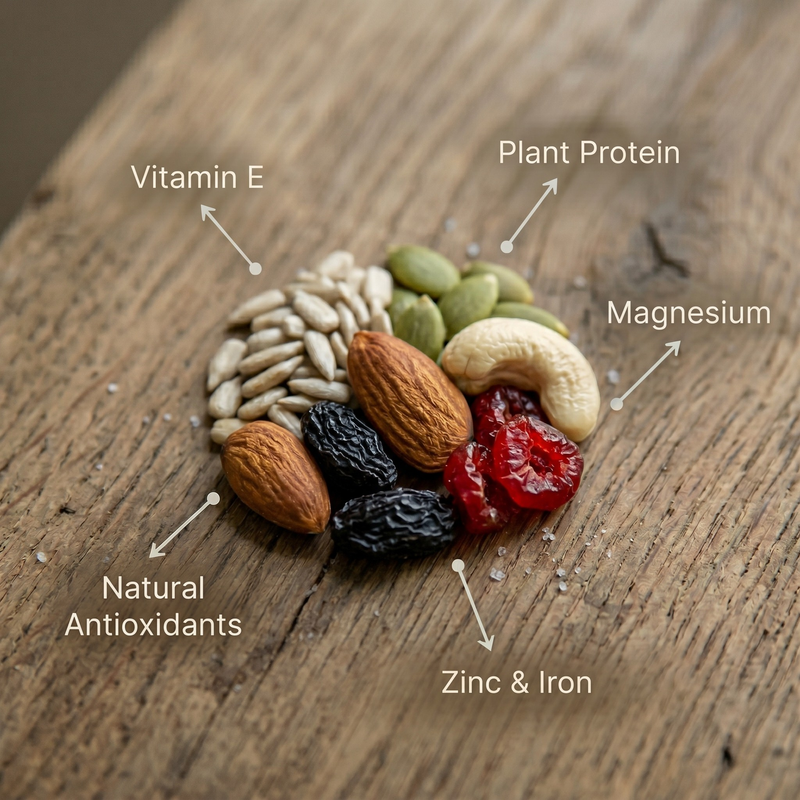 Assorted nuts, seeds and dried fruits on a wooden surface with nutritional labels. Picture includes almonds, cashews, black raisins, dried cherries, sunflower seeds and pumpkin seeds.