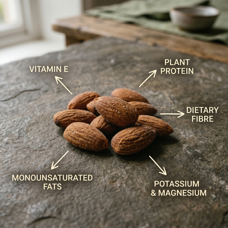 Salted Almonds on a stone surface with nutritional information labels.